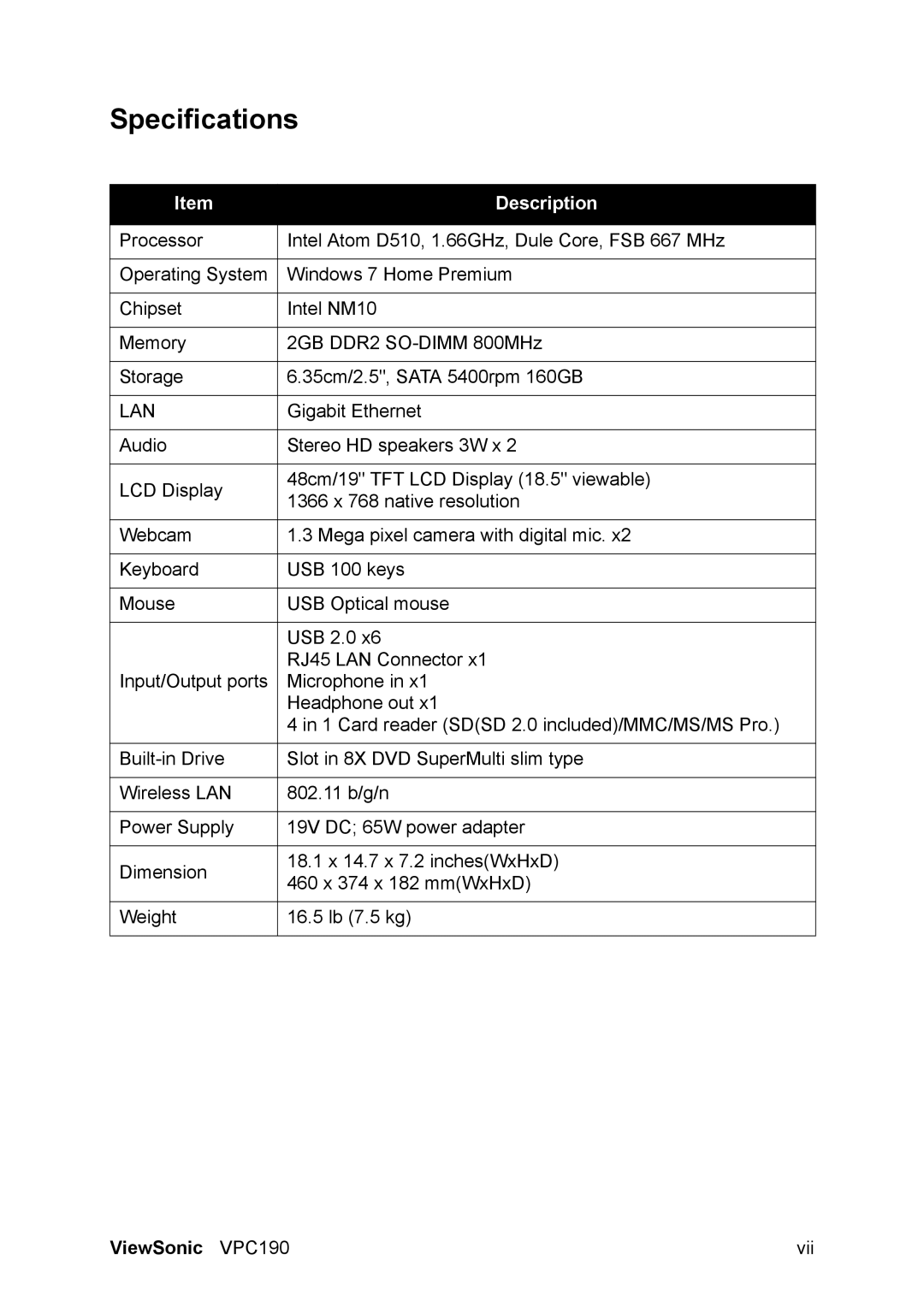 ViewSonic VS13111 manual Specifications, Description 