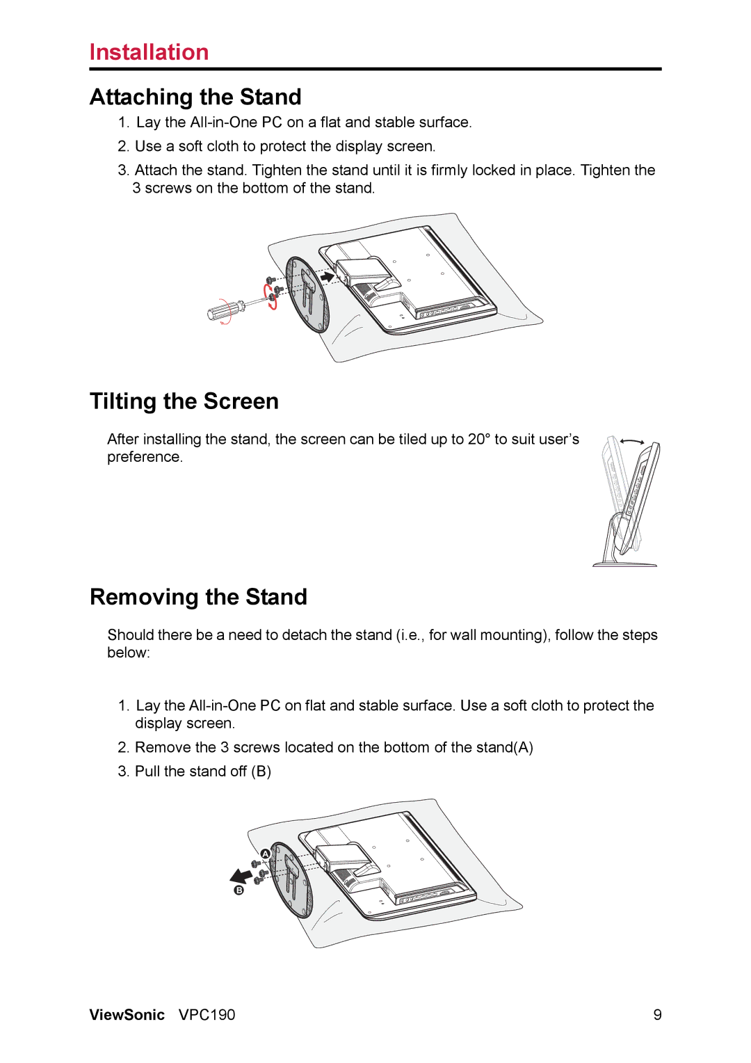 ViewSonic VS13111 manual Attaching the Stand, Tilting the Screen, Removing the Stand 