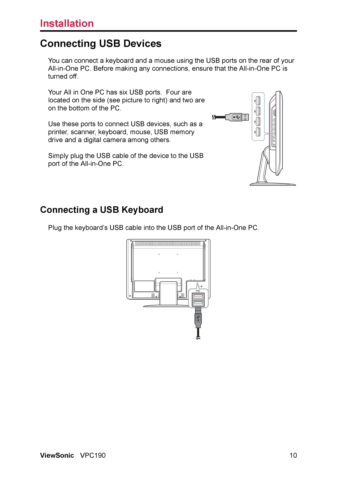 ViewSonic VS13111 manual Connecting USB Devices, Connecting a USB Keyboard 