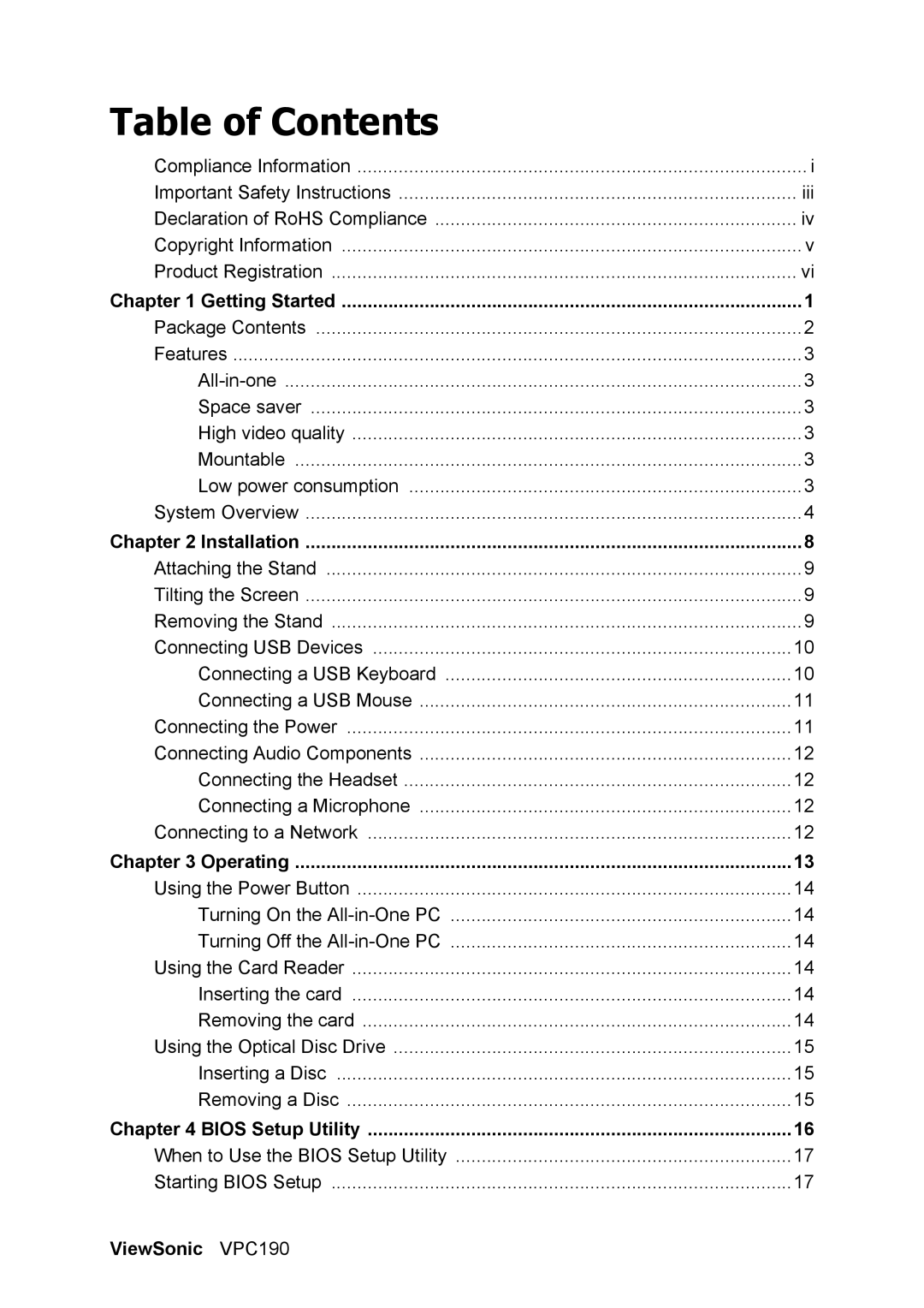 ViewSonic VS13111 manual Table of Contents 