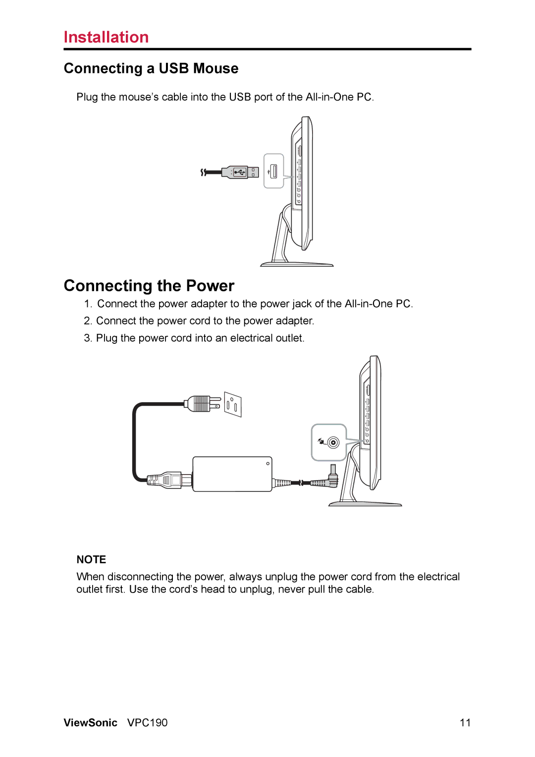 ViewSonic VS13111 manual Connecting the Power, Connecting a USB Mouse 