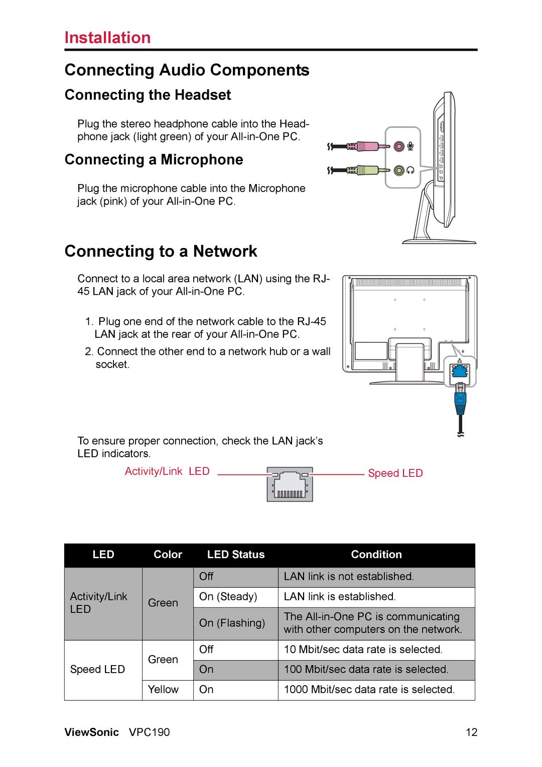 ViewSonic VS13111 Connecting Audio Components, Connecting to a Network, Connecting the Headset, Connecting a Microphone 