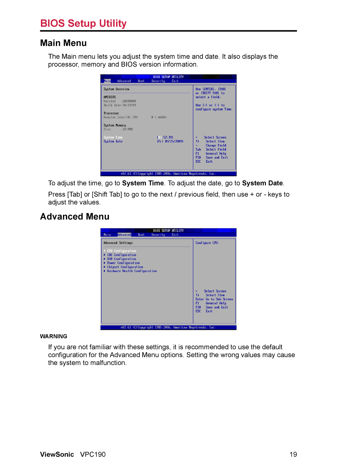 ViewSonic VS13111 manual Main Menu, Advanced Menu 