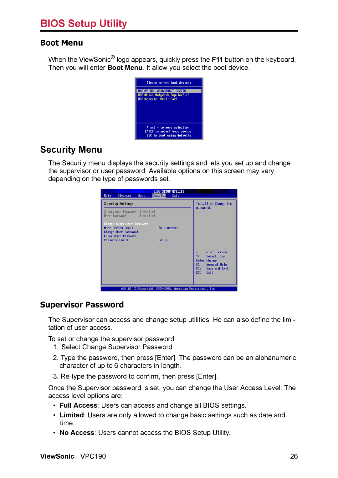 ViewSonic VS13111 manual Security Menu, Boot Menu, Supervisor Password 