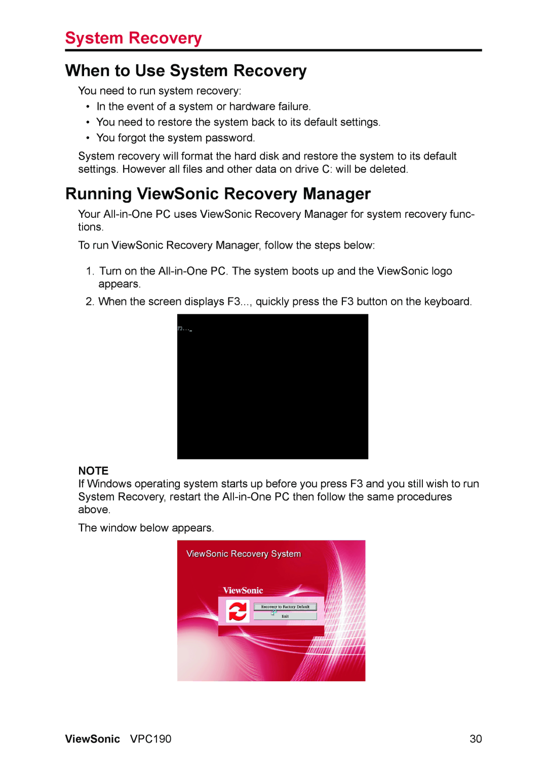 ViewSonic VS13111 manual When to Use System Recovery, Running ViewSonic Recovery Manager 