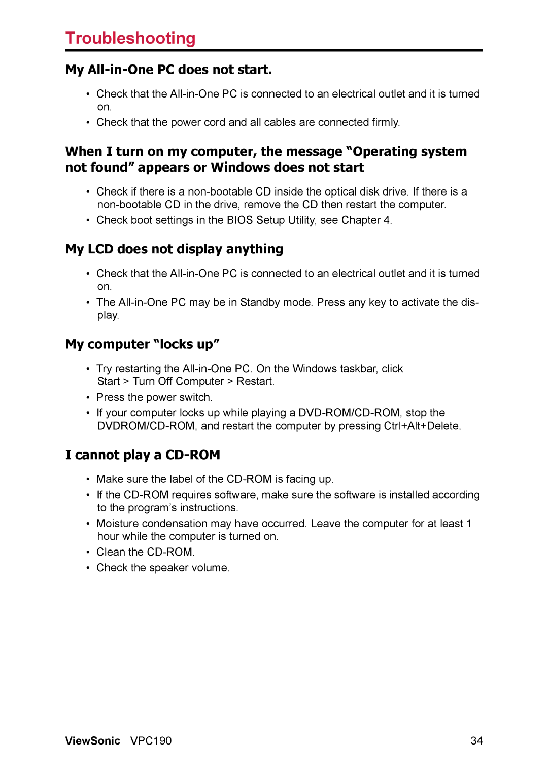 ViewSonic VS13111 manual My All-in-One PC does not start, My LCD does not display anything, My computer locks up 