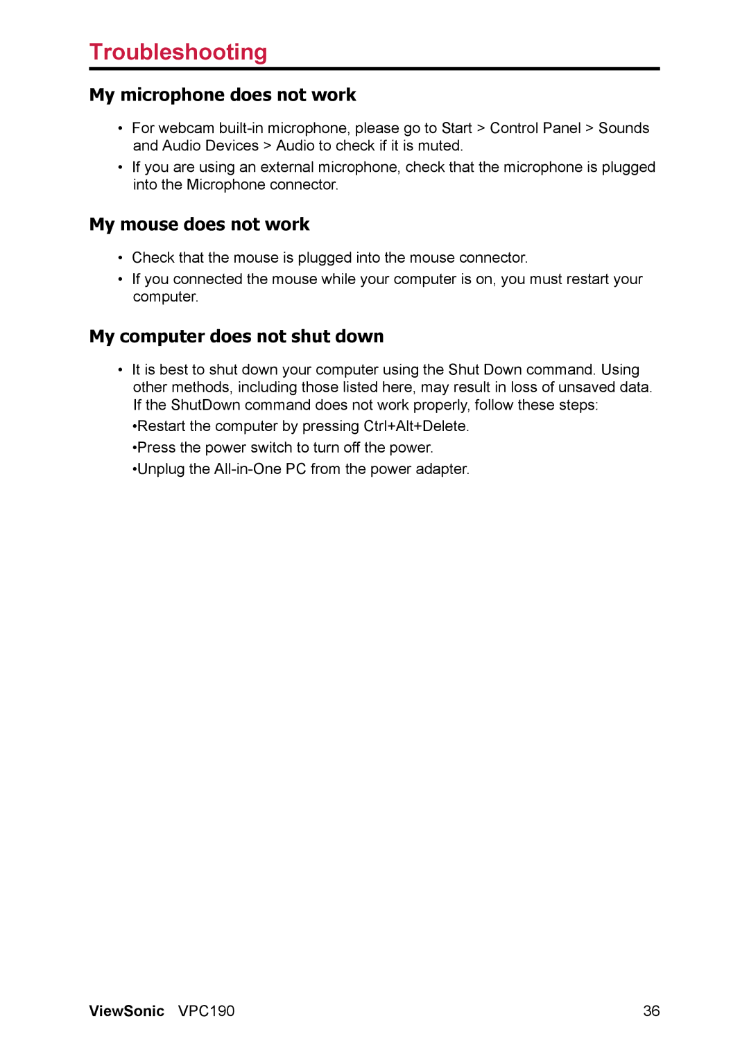 ViewSonic VS13111 manual My microphone does not work, My mouse does not work, My computer does not shut down 