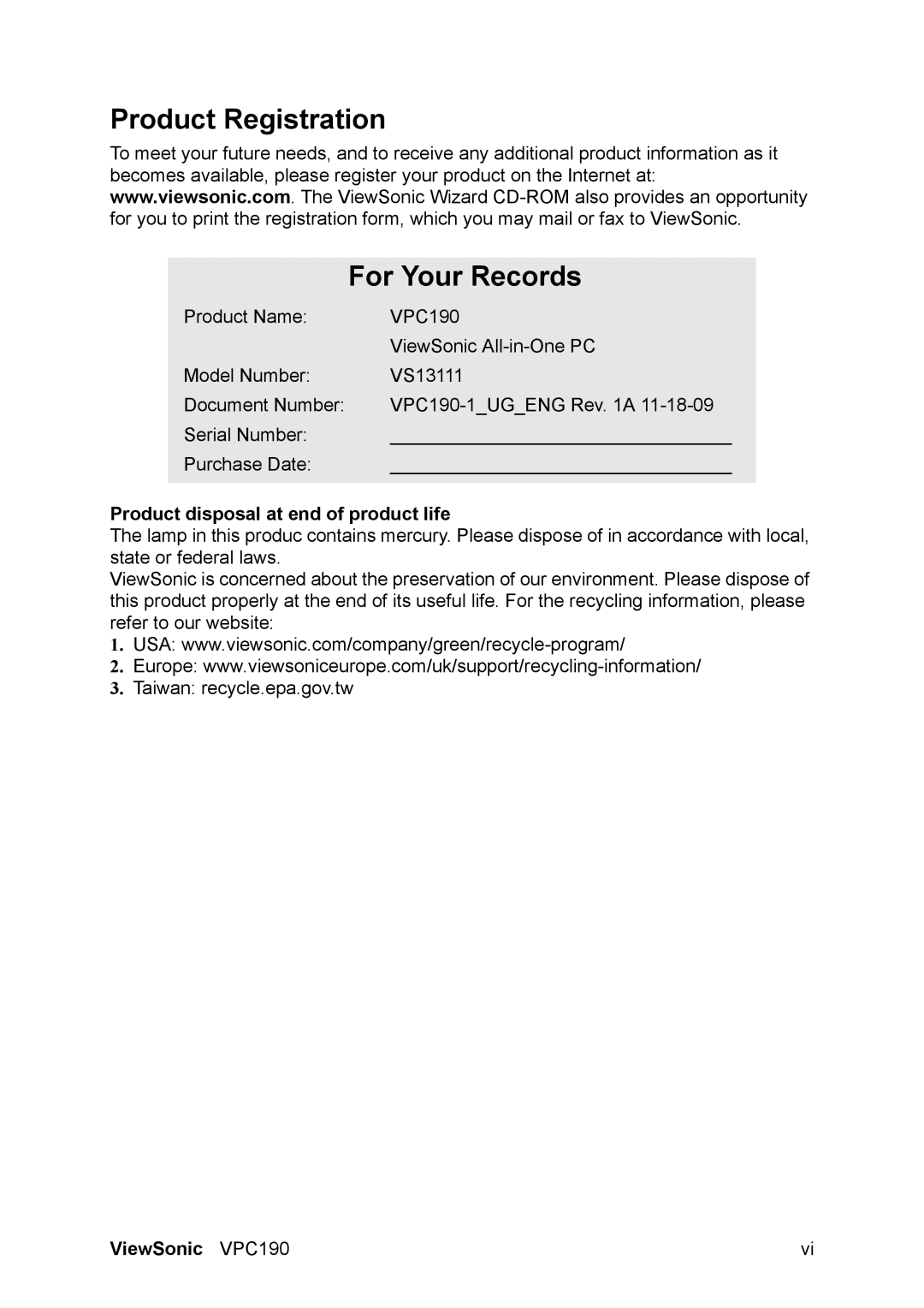 ViewSonic VS13111 manual Product Registration For Your Records, Product disposal at end of product life 