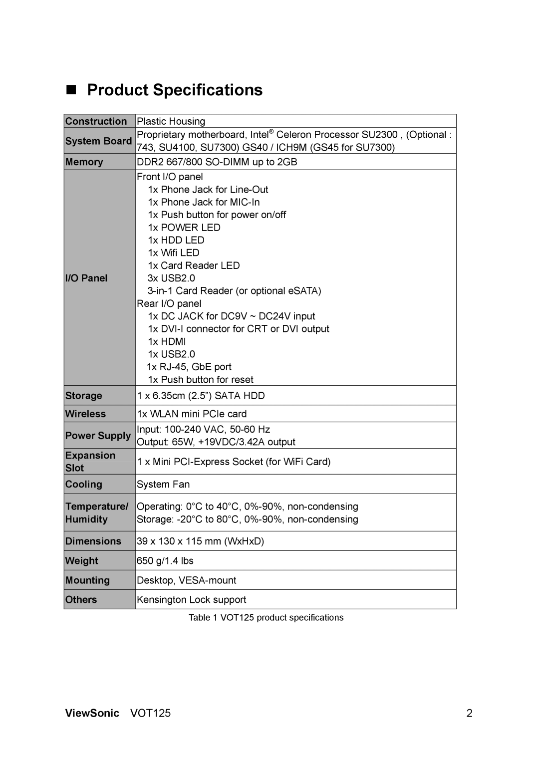 ViewSonic VS13172 manual „ Product Specifications, VOT125 product specifications 