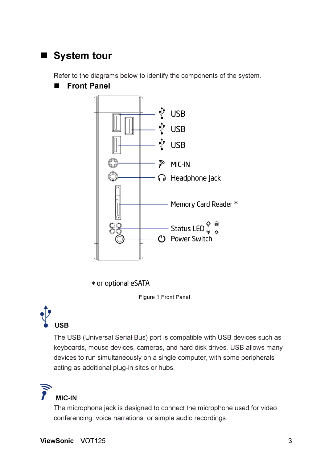 ViewSonic VS13172 manual „ System tour, Front Panel 