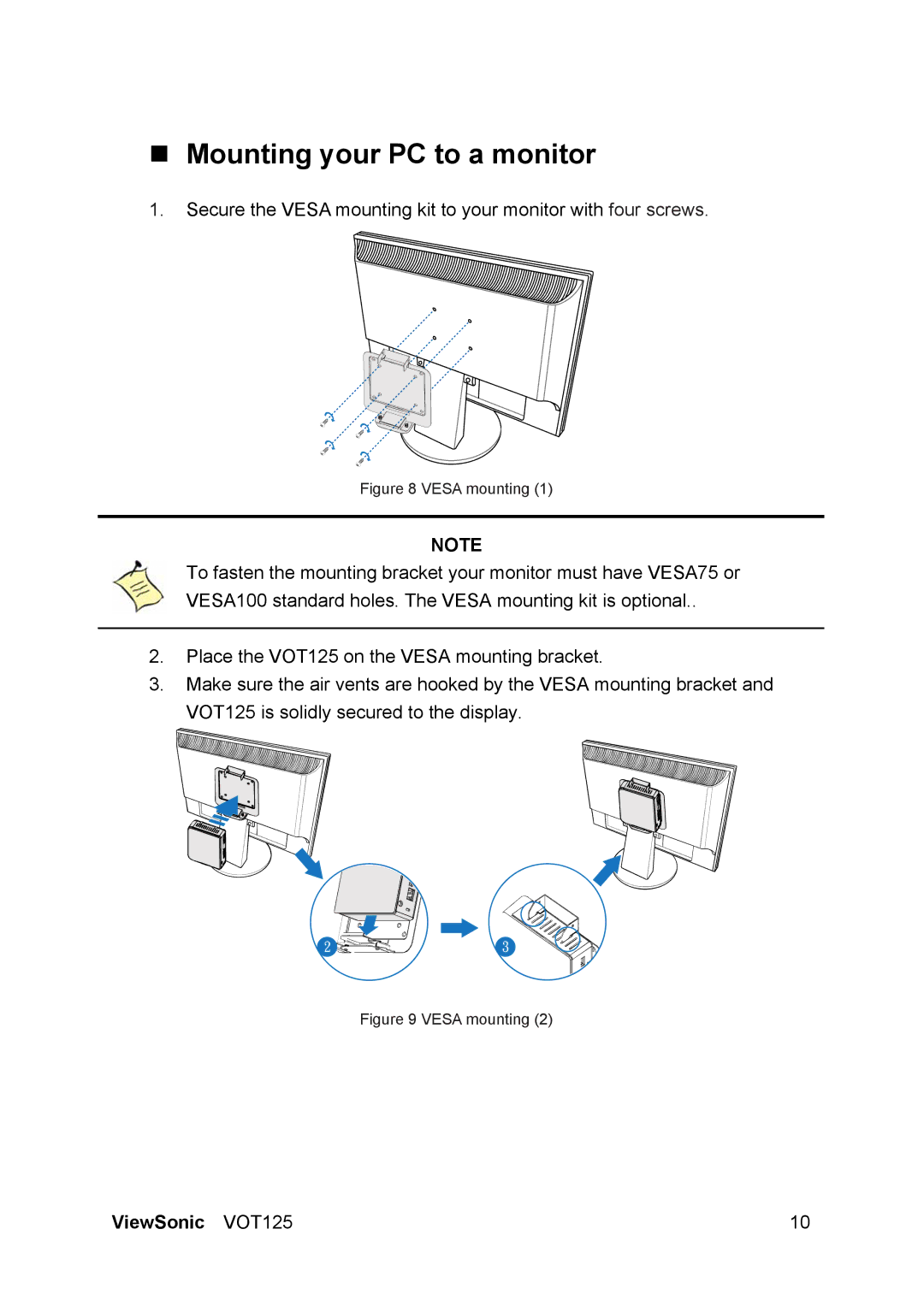 ViewSonic VS13172 manual „ Mounting your PC to a monitor, Vesa mounting 