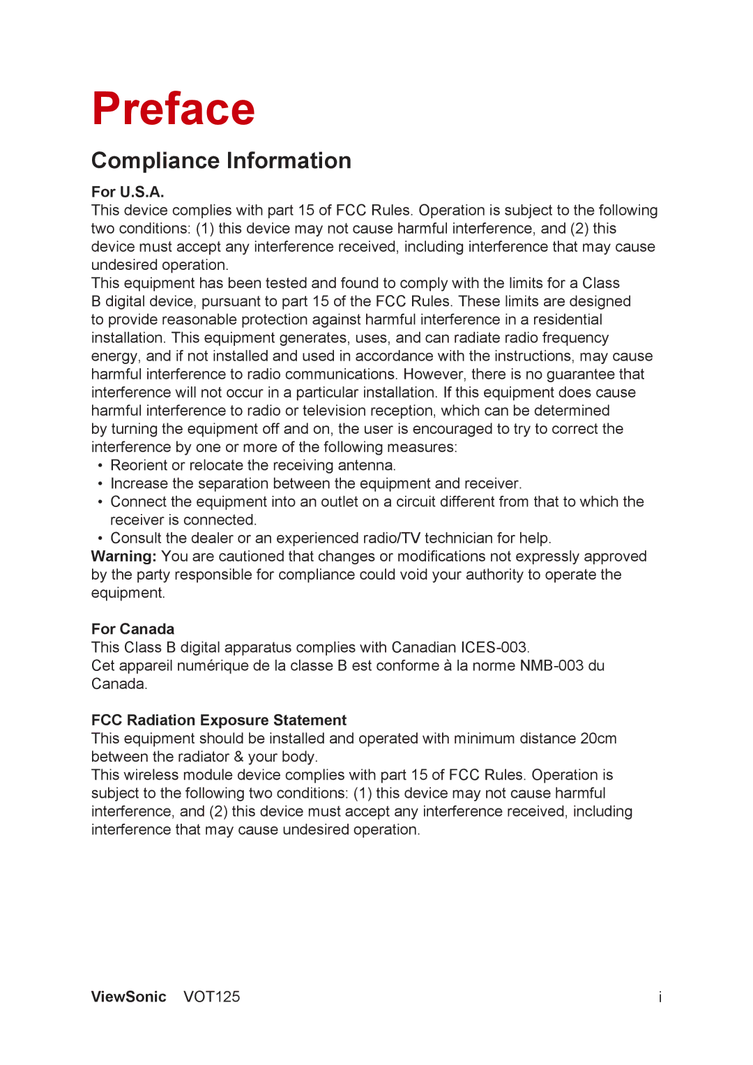 ViewSonic VS13172 manual Preface, Compliance Information 