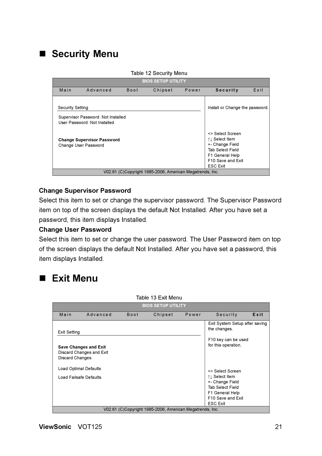 ViewSonic VS13172 manual „ Security Menu, „ Exit Menu, Change Supervisor Password, Change User Password, ViewSonic 