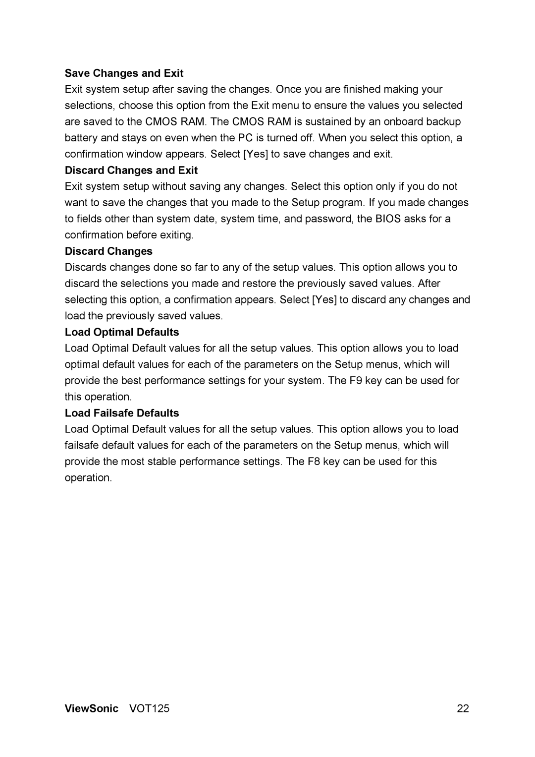 ViewSonic VS13172 manual Save Changes and Exit, Discard Changes and Exit, Load Optimal Defaults, Load Failsafe Defaults 
