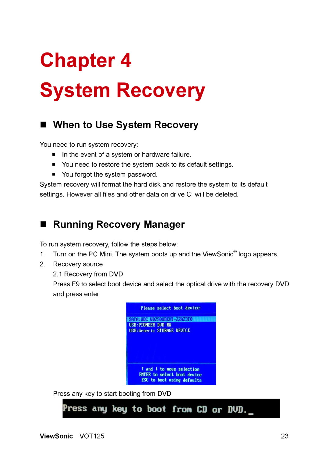 ViewSonic VS13172 manual Chapter System Recovery, „ When to Use System Recovery, „ Running Recovery Manager 