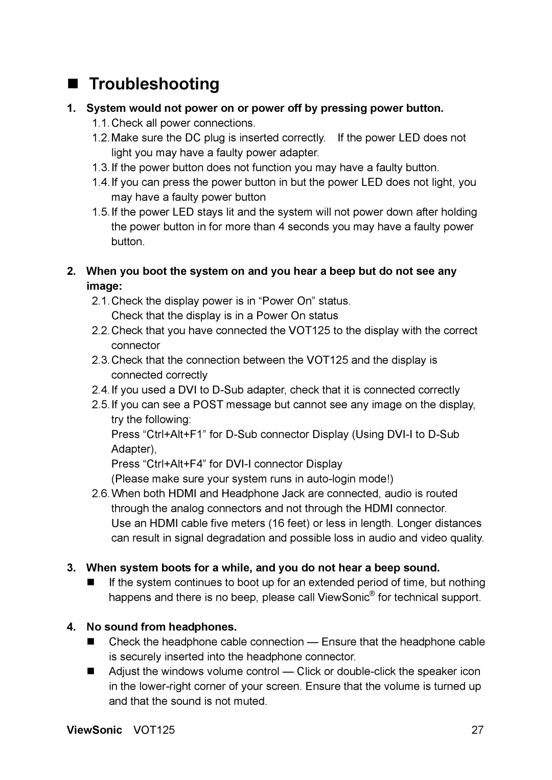 ViewSonic VS13172 manual „ Troubleshooting, No sound from headphones 