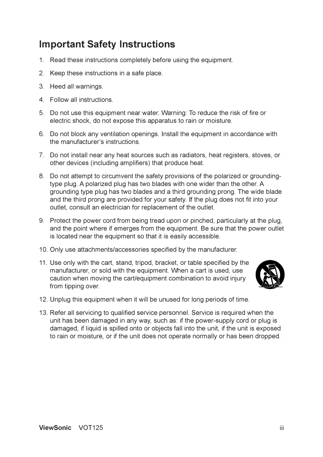 ViewSonic VS13172 manual Important Safety Instructions 