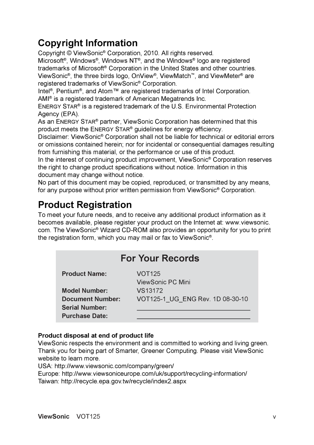 ViewSonic VS13172 manual Copyright Information, Product Registration For Your Records, Product Name, Model Number 