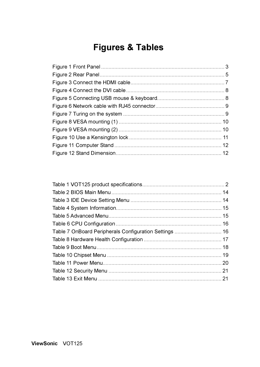 ViewSonic VS13172 manual Figures & Tables 