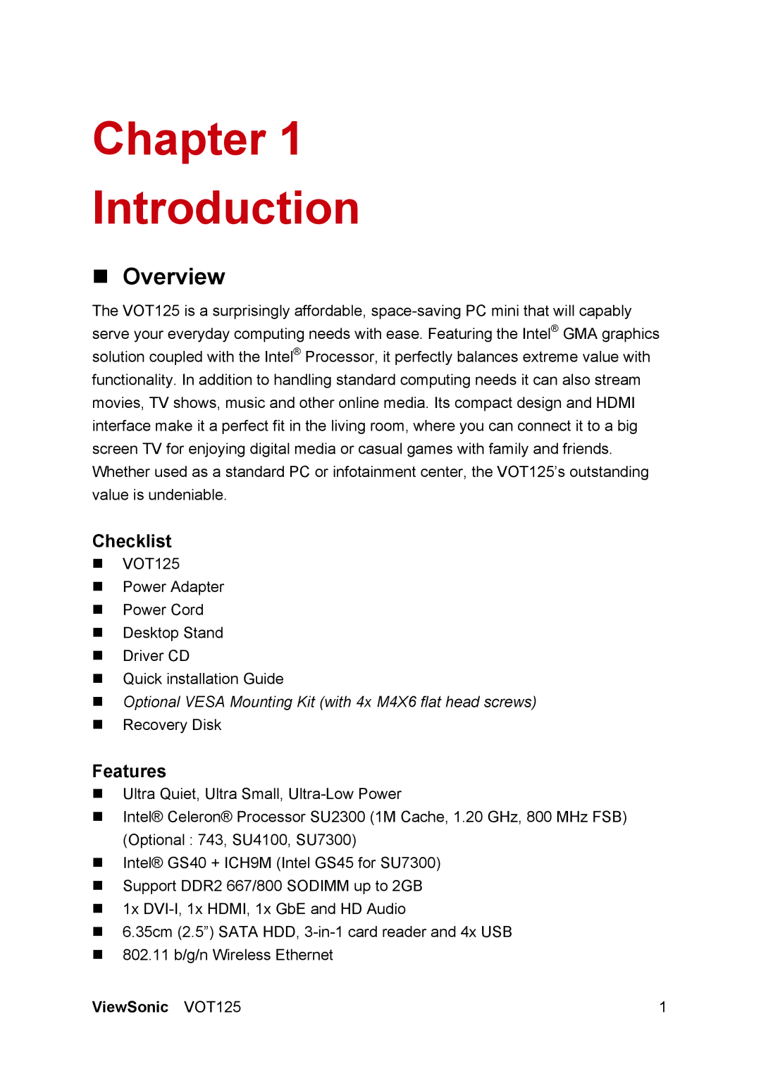 ViewSonic VS13172 manual Chapter Introduction, „ Overview 