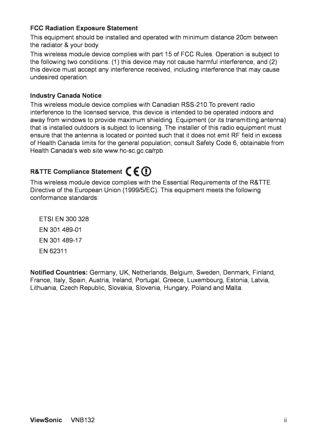 ViewSonic VS13191 FCC Radiation Exposure Statement, Industry Canada Notice, R&TTE Compliance Statement, ViewSonic VNB132 