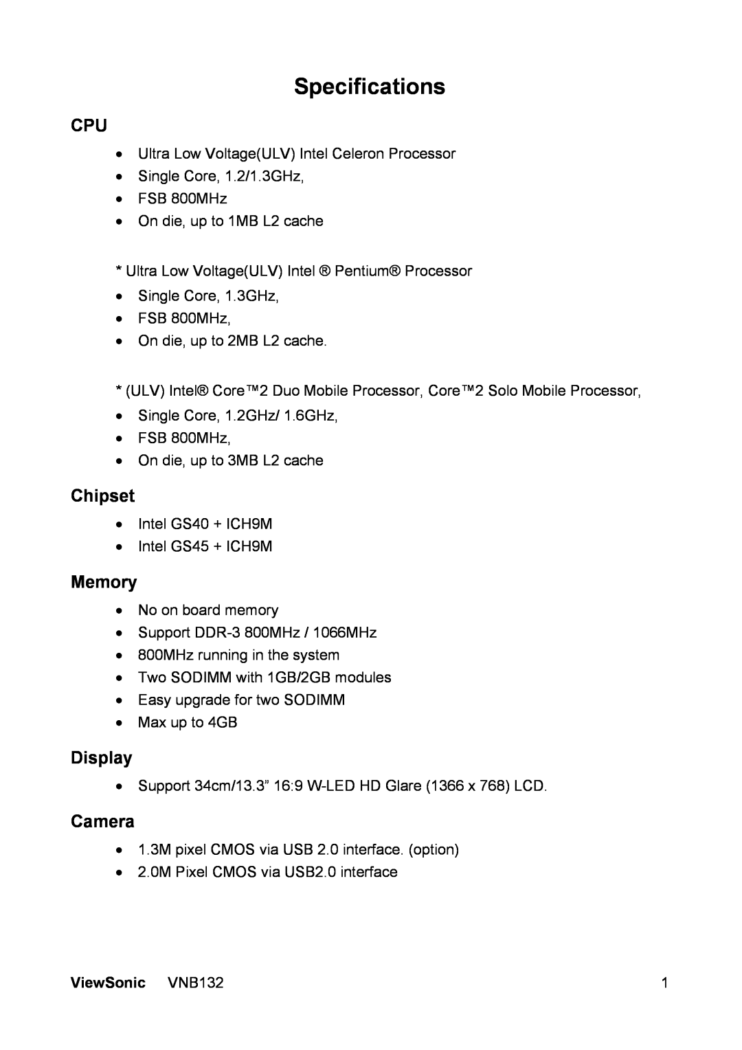 ViewSonic VS13191 manual Specifications, Chipset, Memory, Display, Camera, ViewSonic VNB132 