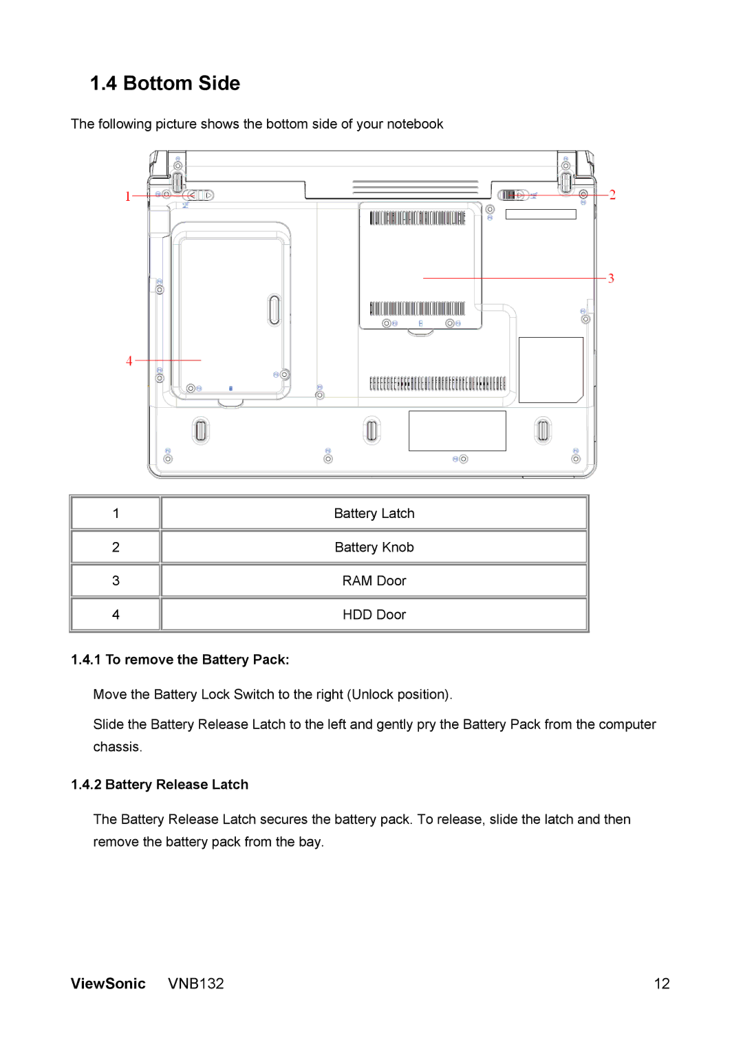 ViewSonic VS13191 manual Bottom Side, To remove the Battery Pack, Battery Release Latch 