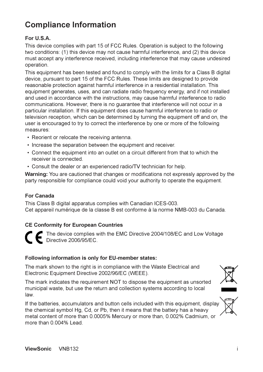 ViewSonic VS13191 manual Compliance Information, For U.S.A 