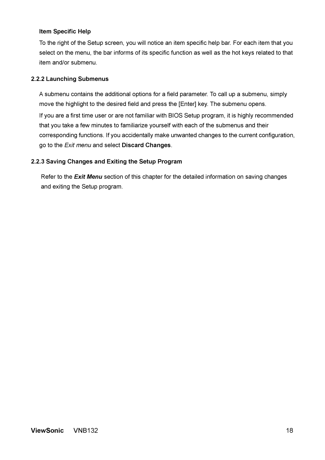 ViewSonic VS13191 manual Item Specific Help, Launching Submenus, Saving Changes and Exiting the Setup Program 