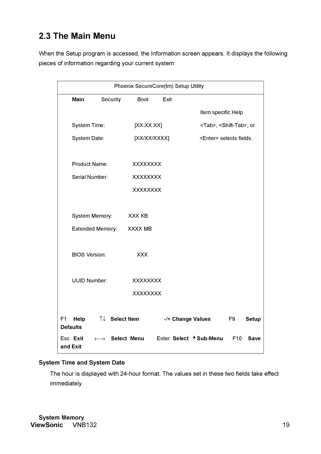 ViewSonic VS13191 manual Main Menu, System Time and System Date, System Memory 