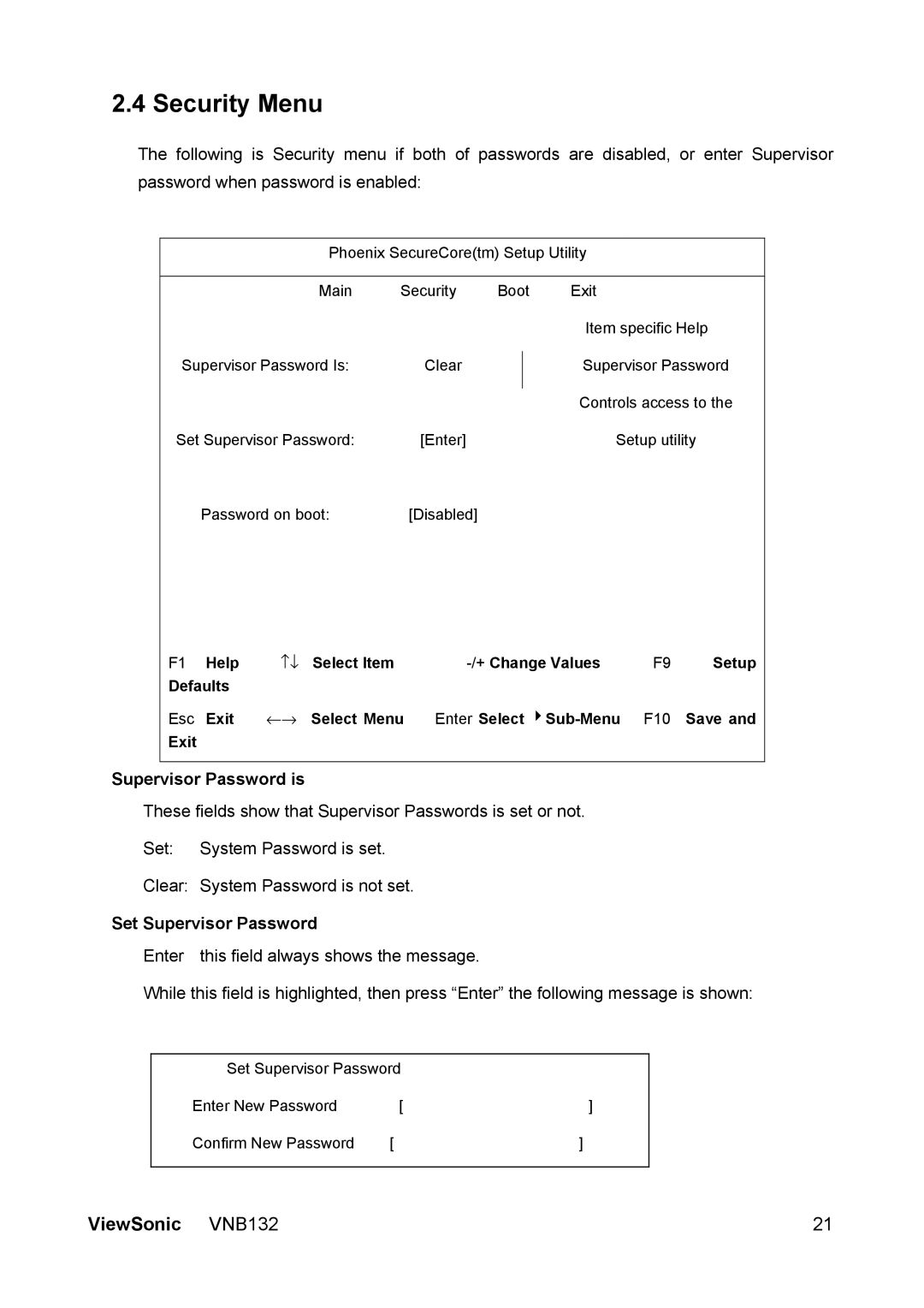 ViewSonic VS13191 manual Security Menu, Supervisor Password is, Set Supervisor Password 