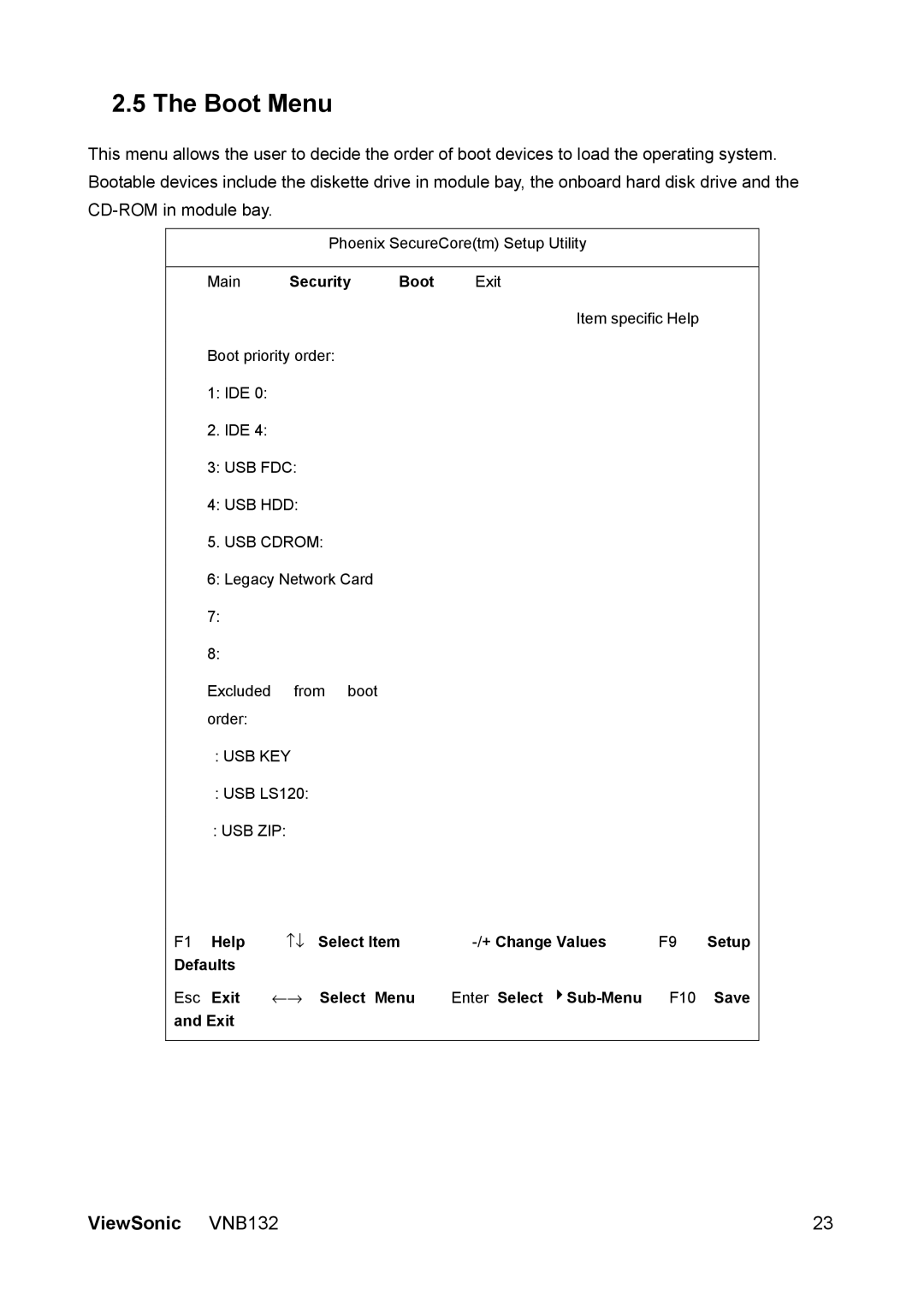 ViewSonic VS13191 manual Boot Menu, Main Security Boot Exit 