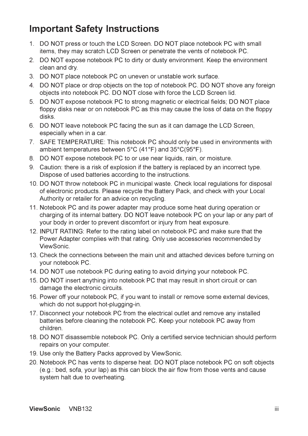 ViewSonic VS13191 manual Important Safety Instructions 