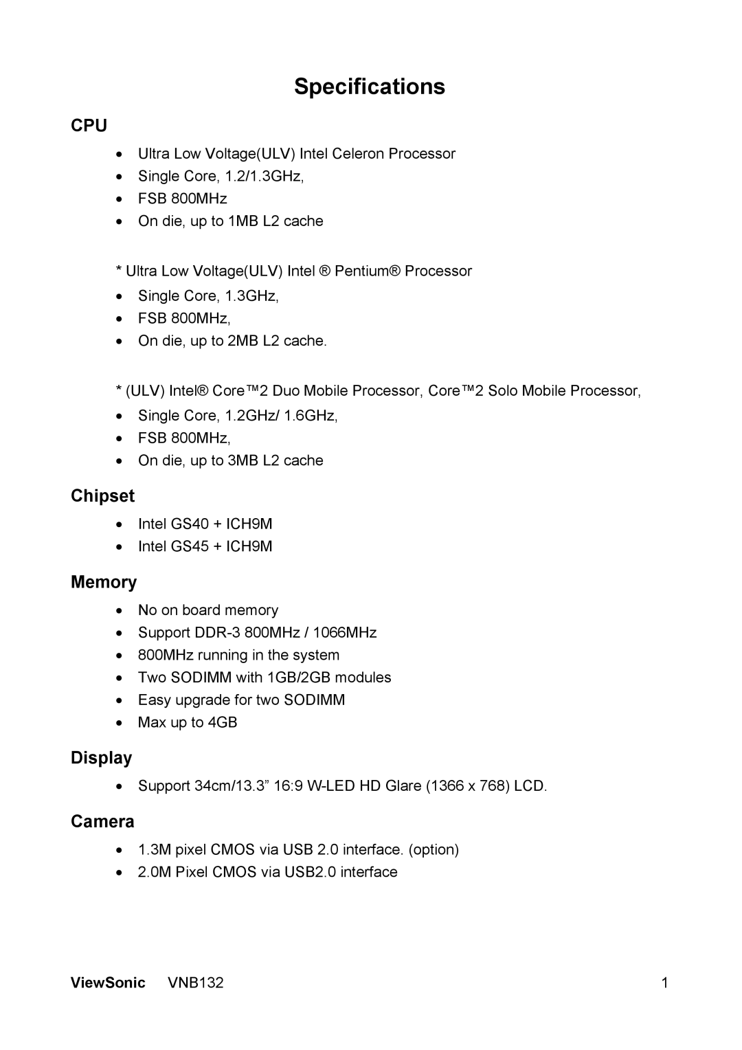 ViewSonic VS13191 manual Specifications, Cpu 