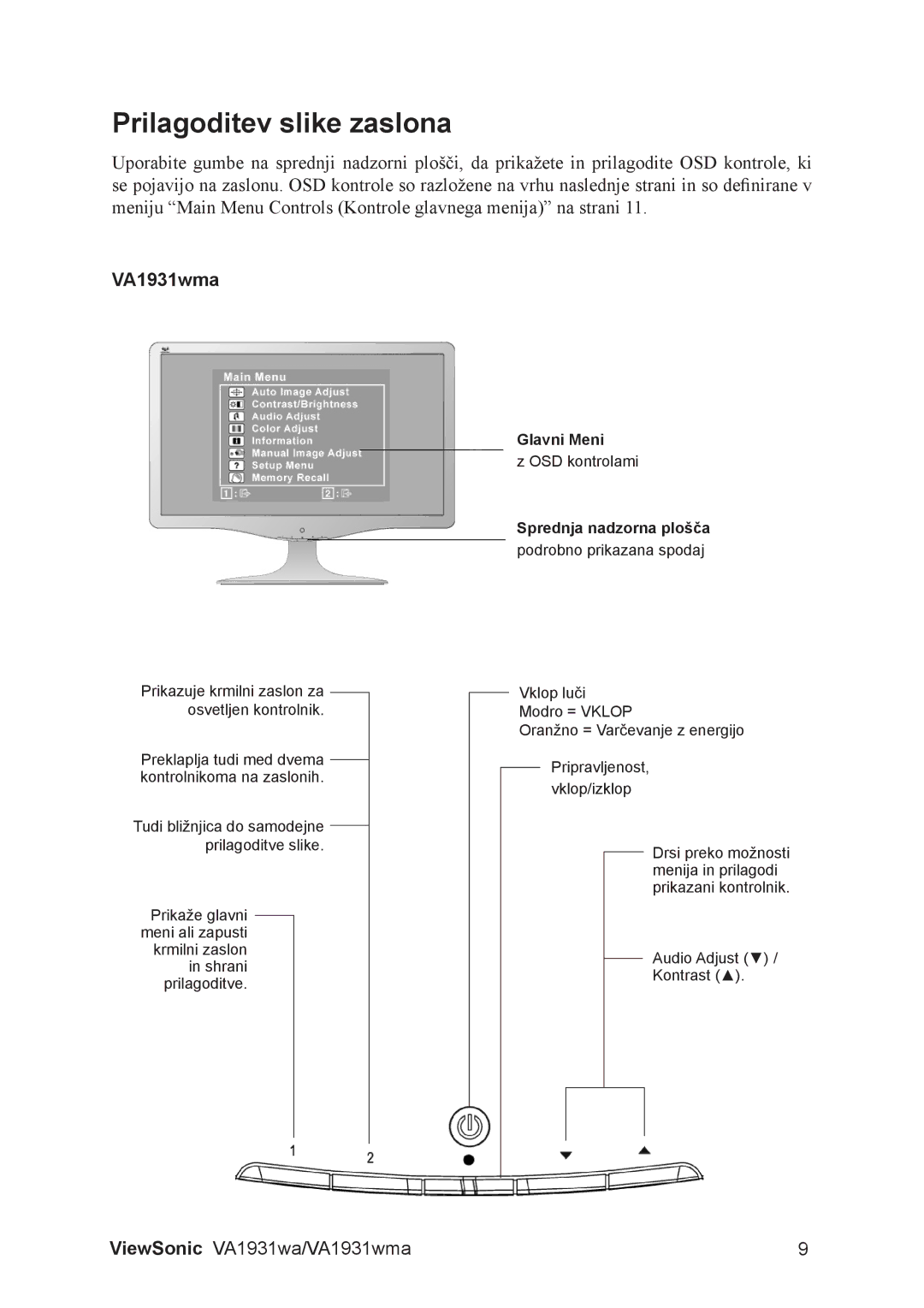 ViewSonic VS13208, VA1931WMA manual Prilagoditev slike zaslona, VA1931wma 