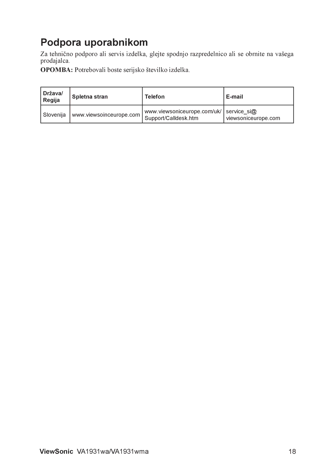 ViewSonic VA1931WMA, VS13208 manual Podpora uporabnikom 