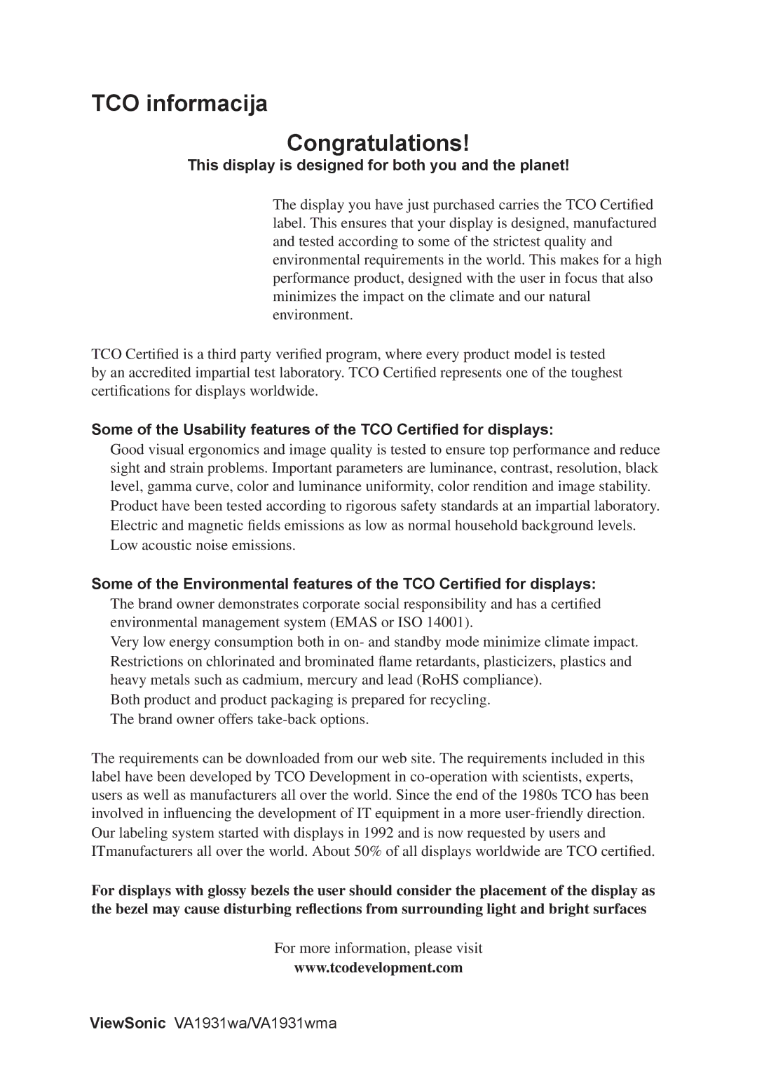 ViewSonic VA1931WMA, VS13208 manual TCO informacija Congratulations, This display is designed for both you and the planet 