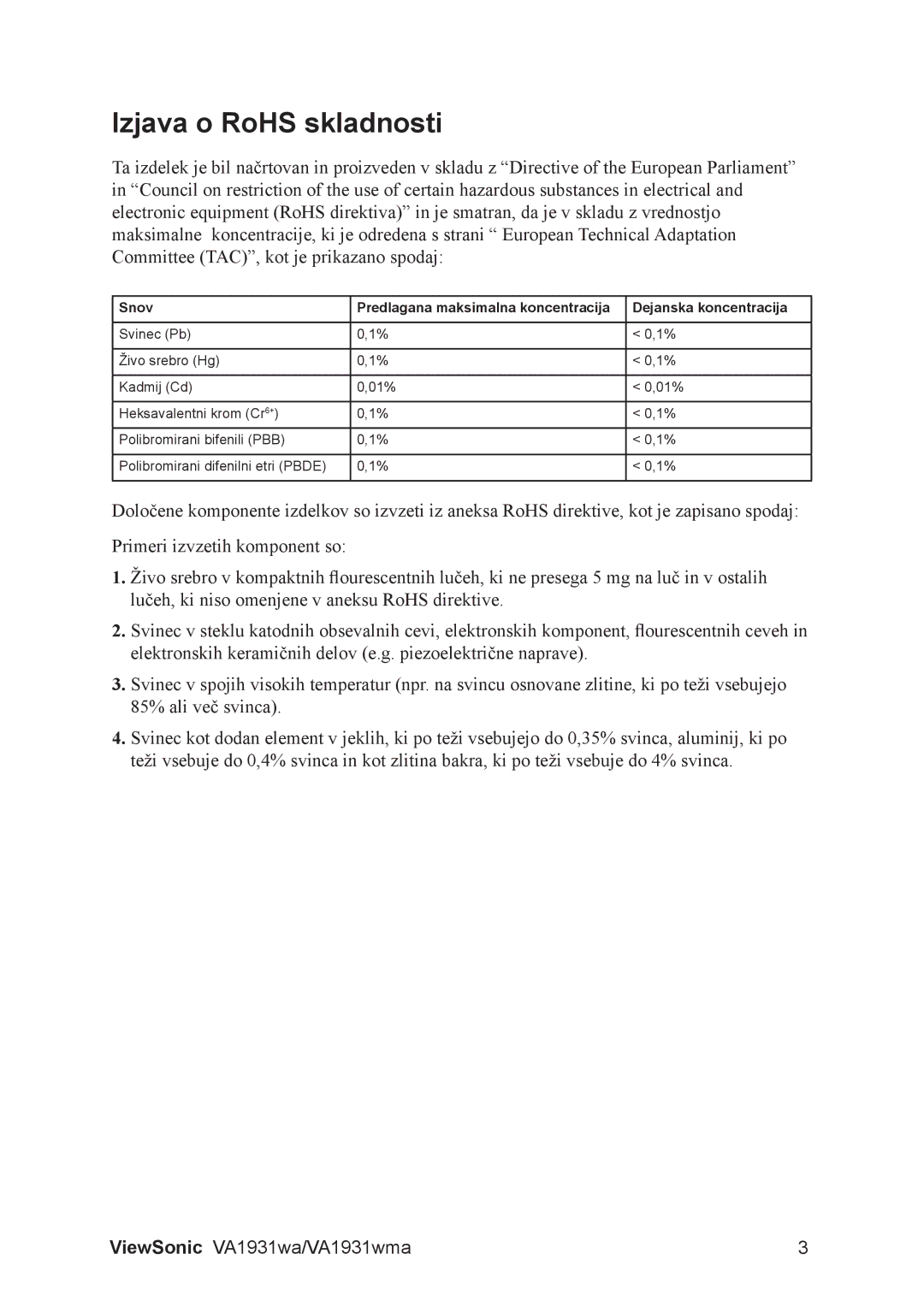 ViewSonic VS13208, VA1931WMA manual Izjava o RoHS skladnosti 