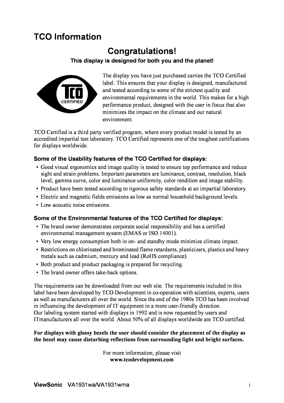 ViewSonic VS13208 warranty TCO Information Congratulations 