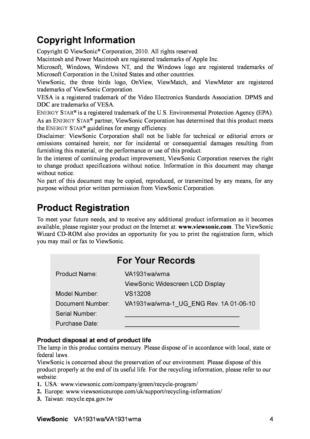 ViewSonic VS13208 Copyright Information, Product Registration, For Your Records, Product disposal at end of product life 