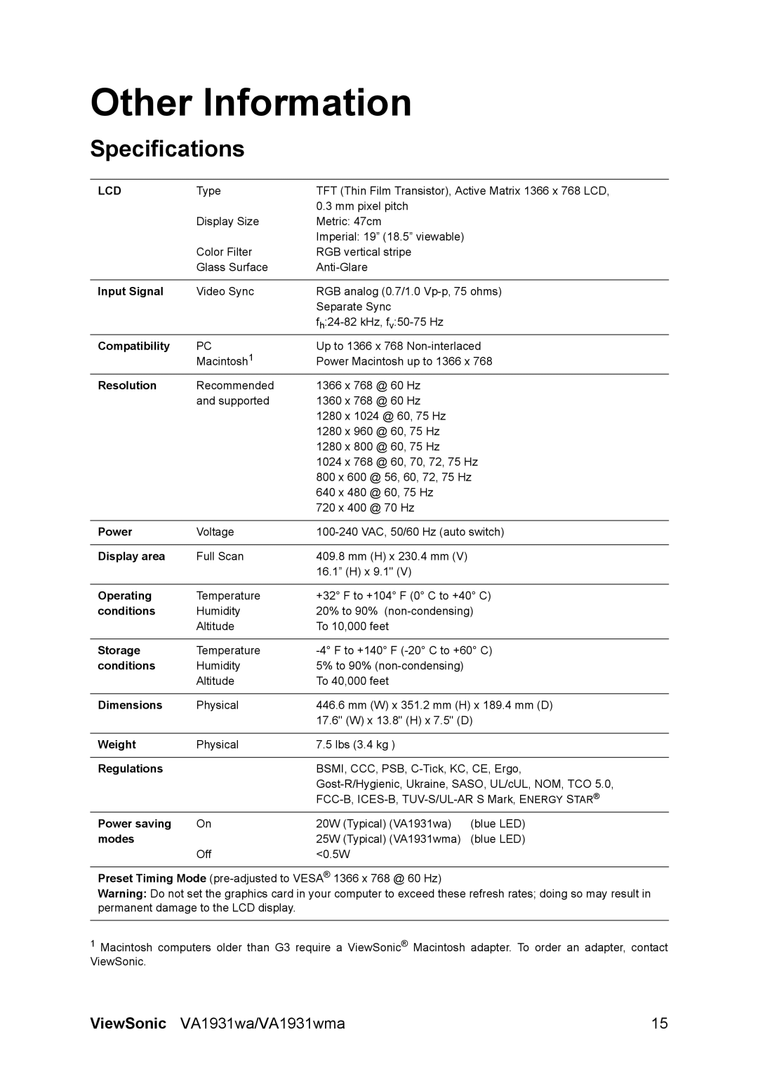 ViewSonic VS13208 warranty Other Information, Specifications 