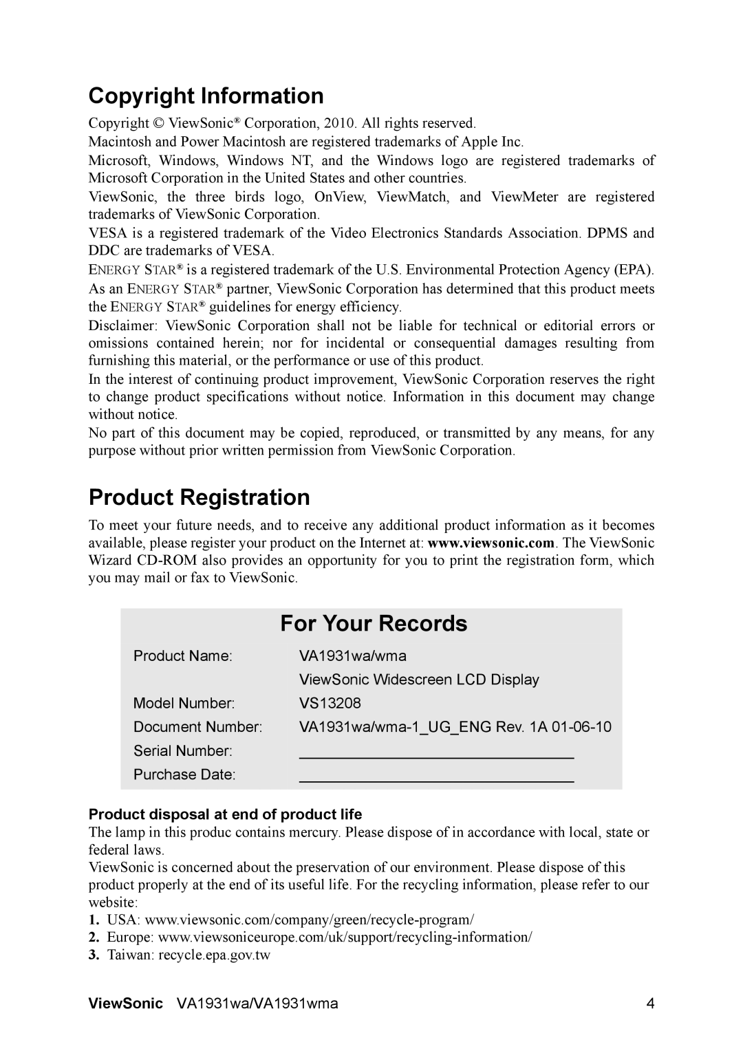 ViewSonic VS13208 Copyright Information, Product Registration For Your Records, Product disposal at end of product life 