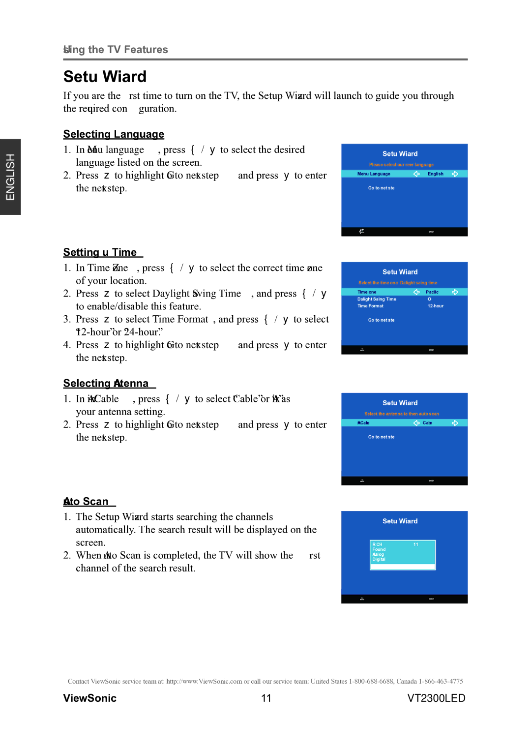 ViewSonic VS13215-1M warranty Setup Wizard, Selecting Language, Setting up Time, Selecting Antenna, Auto Scan 