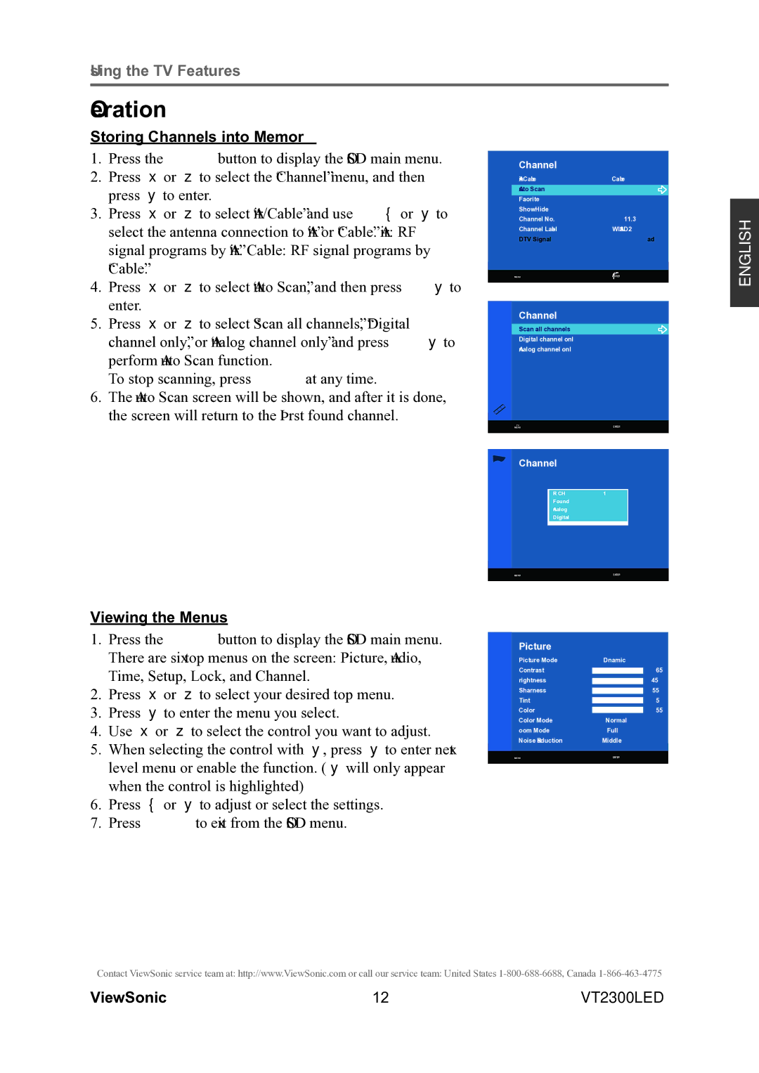 ViewSonic VS13215-1M warranty Operation, Storing Channels into Memory, Viewing the Menus 