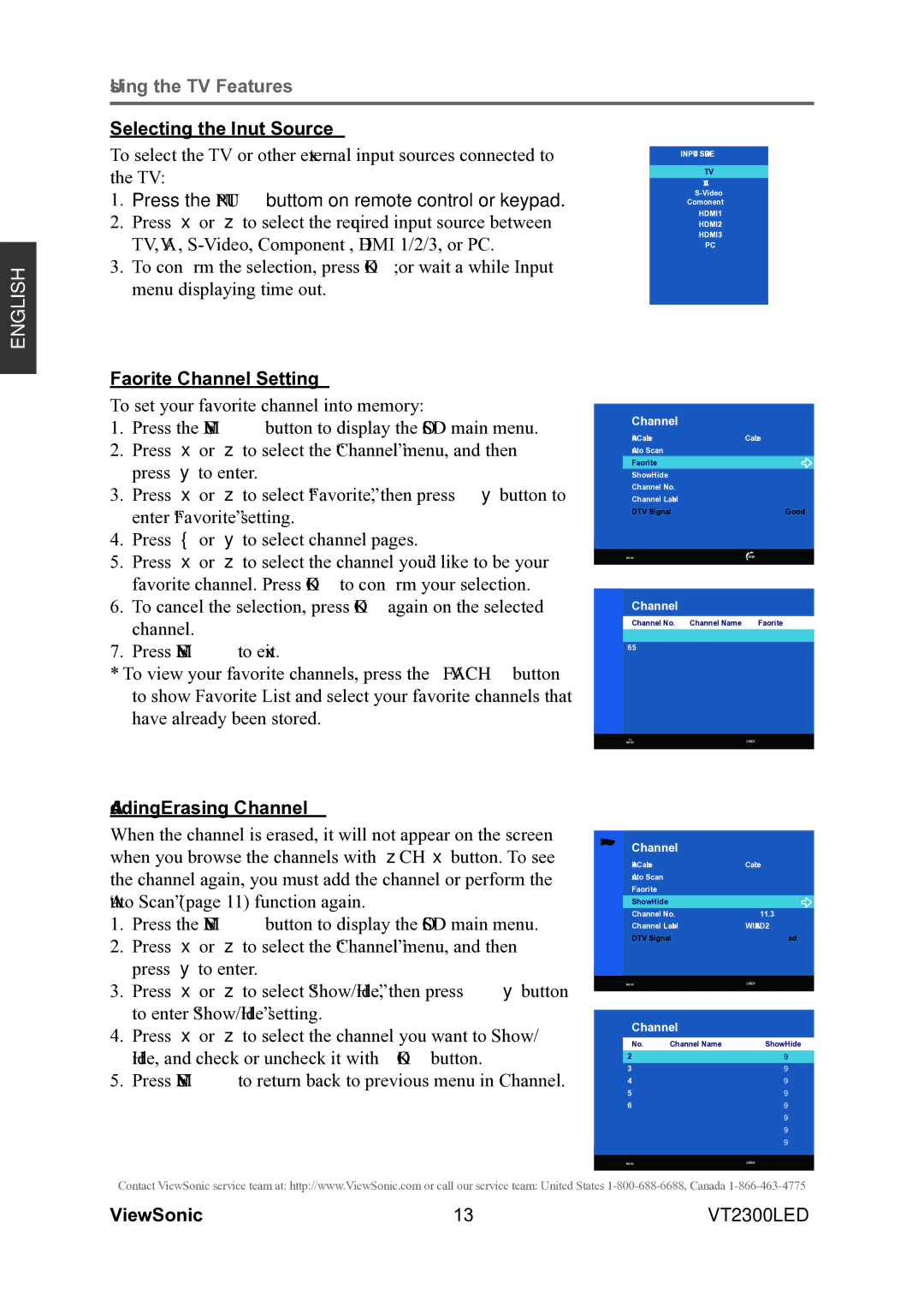 ViewSonic VS13215-1M warranty Selecting the Input Source, Favorite Channel Setting, Adding/Erasing Channel 