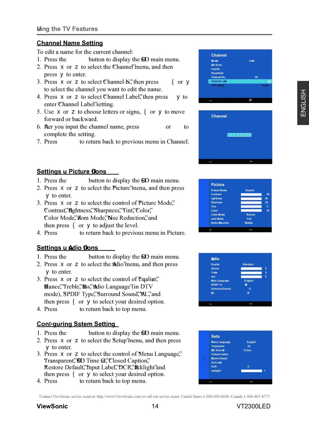 ViewSonic VS13215-1M warranty Channel Name Setting, Settings up Picture Options, Settings up Audio Options 