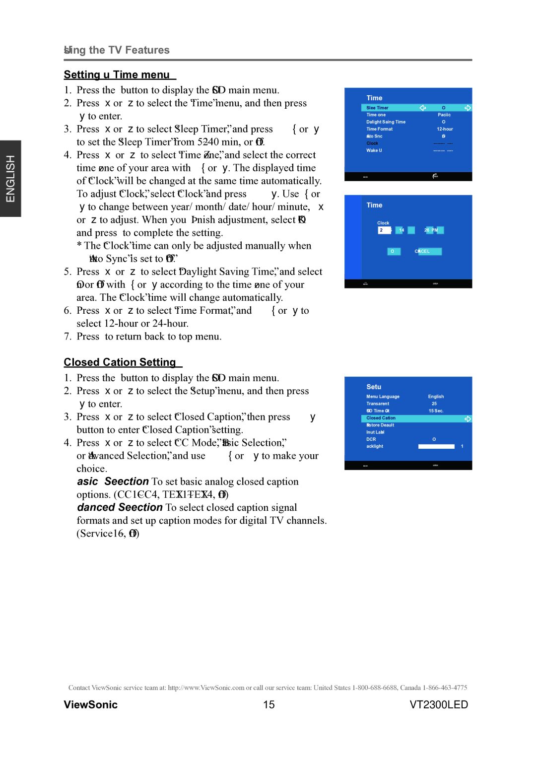 ViewSonic VS13215-1M warranty Setting up Time menu, Closed Caption Setting 