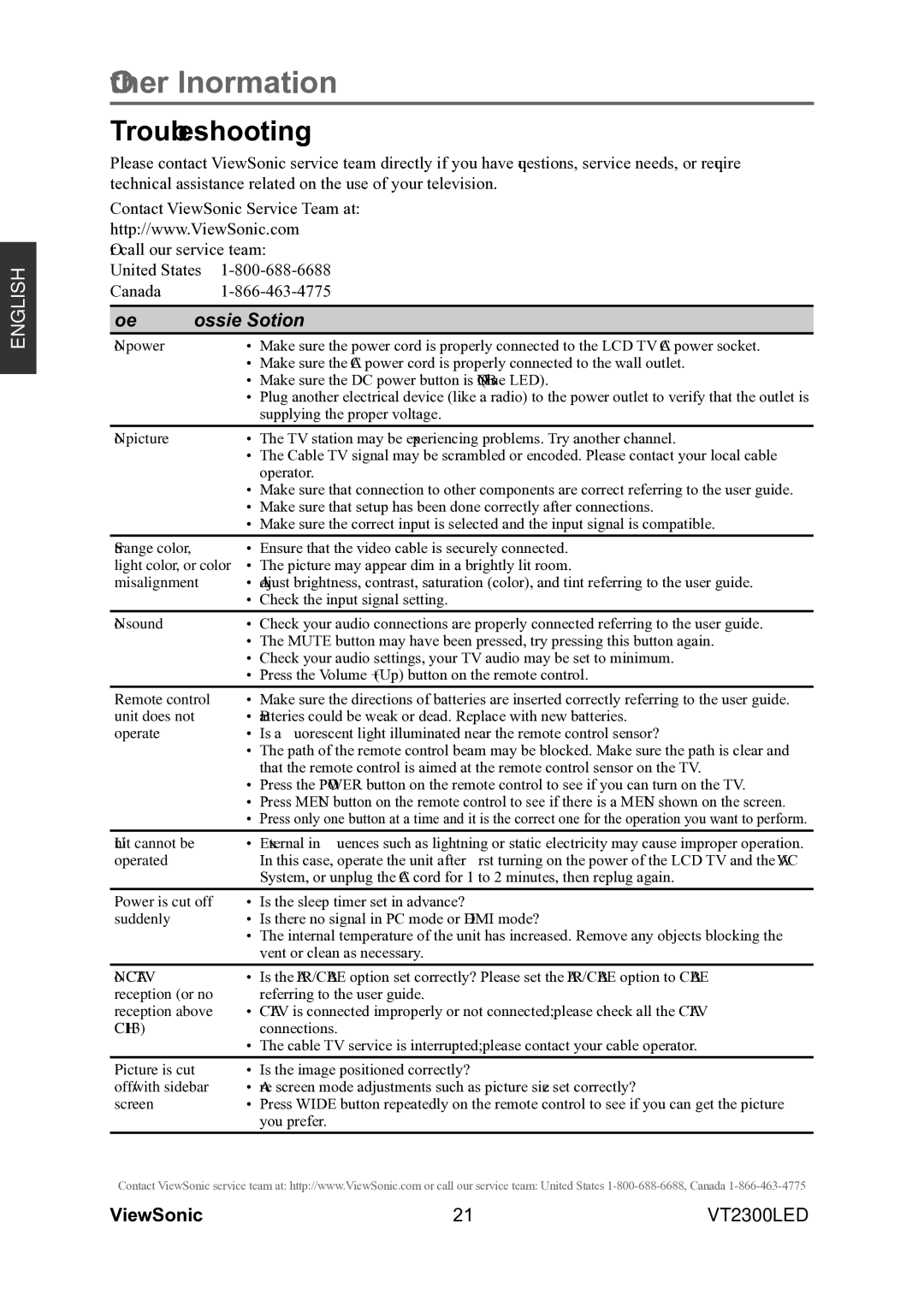 ViewSonic VS13215-1M warranty Other Information, Troubleshooting 