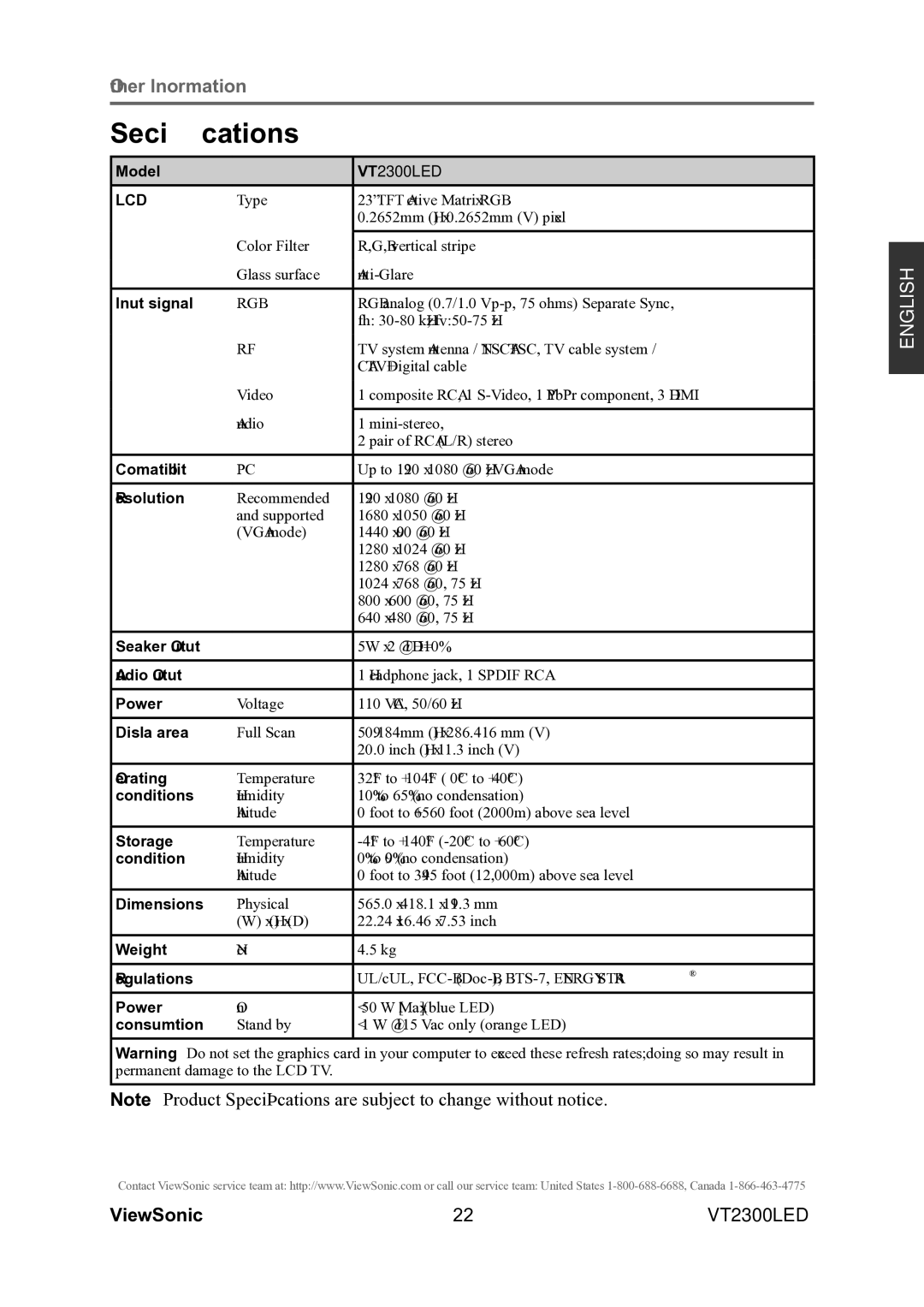 ViewSonic VS13215-1M warranty Speciﬁcations, Lcd 