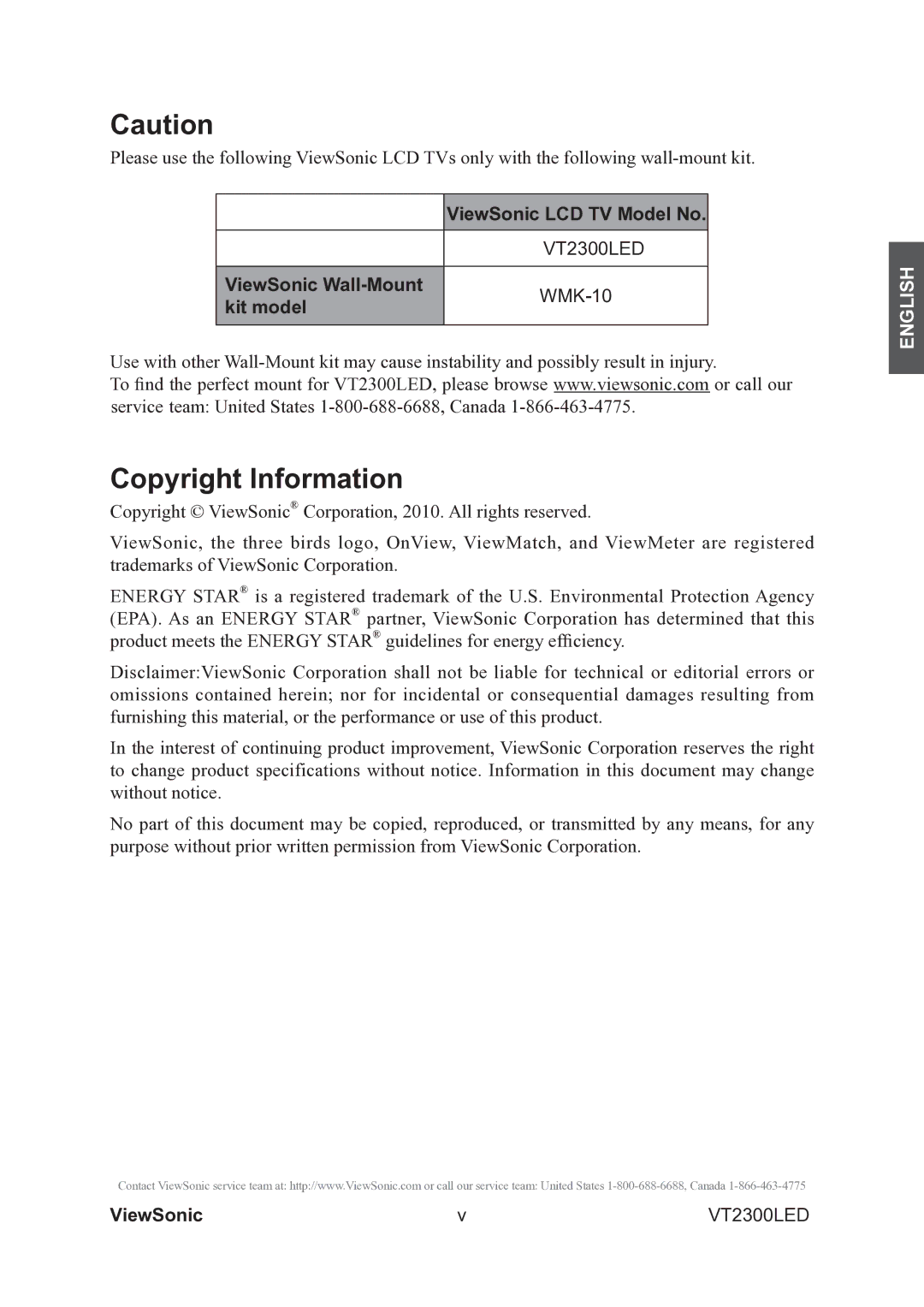 ViewSonic VS13215-1M warranty Copyright Information, ViewSonic LCD TV Model No, ViewSonic Wall-Mount WMK-10 Kit model 